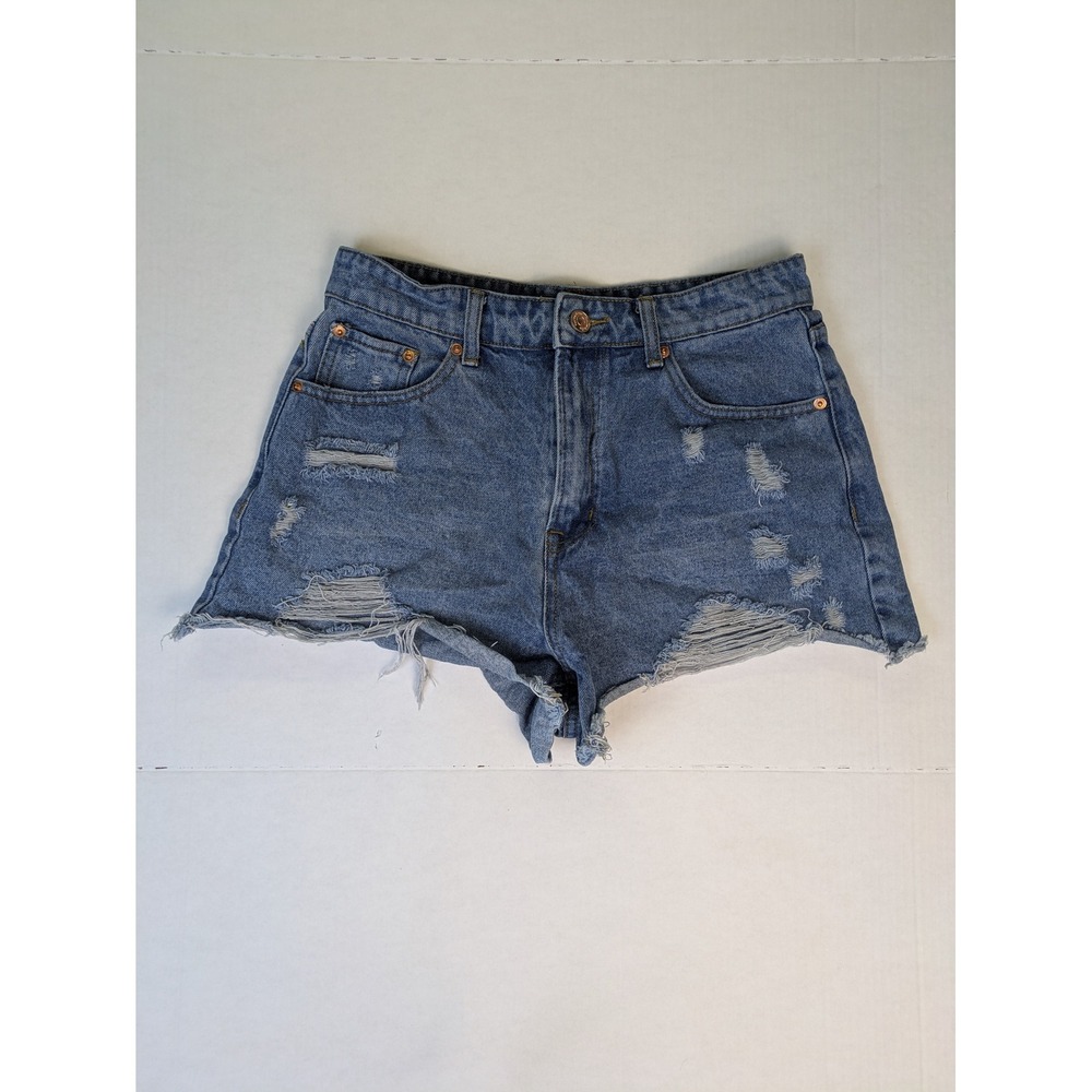 Denim Jean Shorts Womens Large Blue Distressed Ripped Raw Hem Mom High Waist